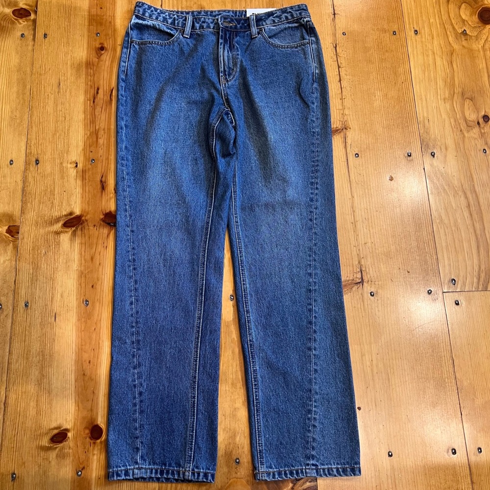 Future Collective Kahlana Barfield Brown Boyfriend Jeans Blue Mid Rise 8 NEW A6